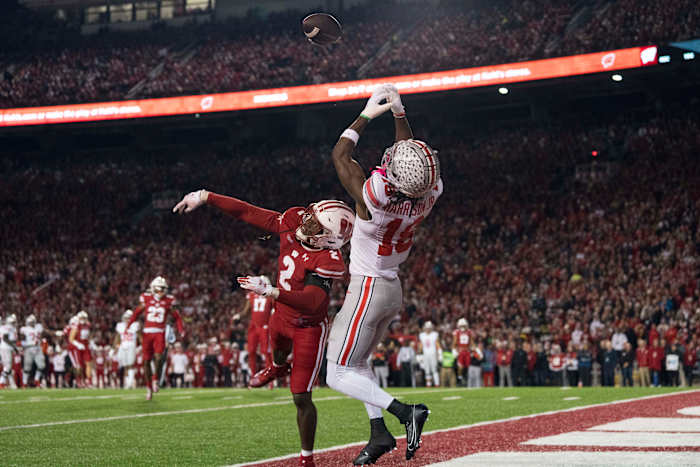 Marvin Harrison Jr. jumps to catch the ball in the endzone